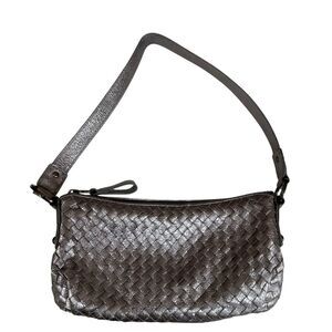 Elliott Lucca metallic pewter woven leather shoulder hobo bag purse